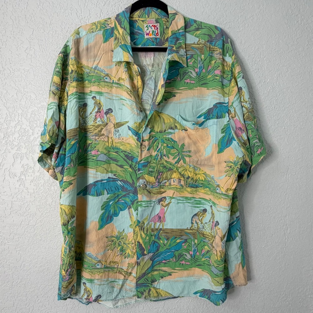 Vintage Jams World Surf Line Hawaii Tropical Island Print Shirt Mens 2XL Pastel